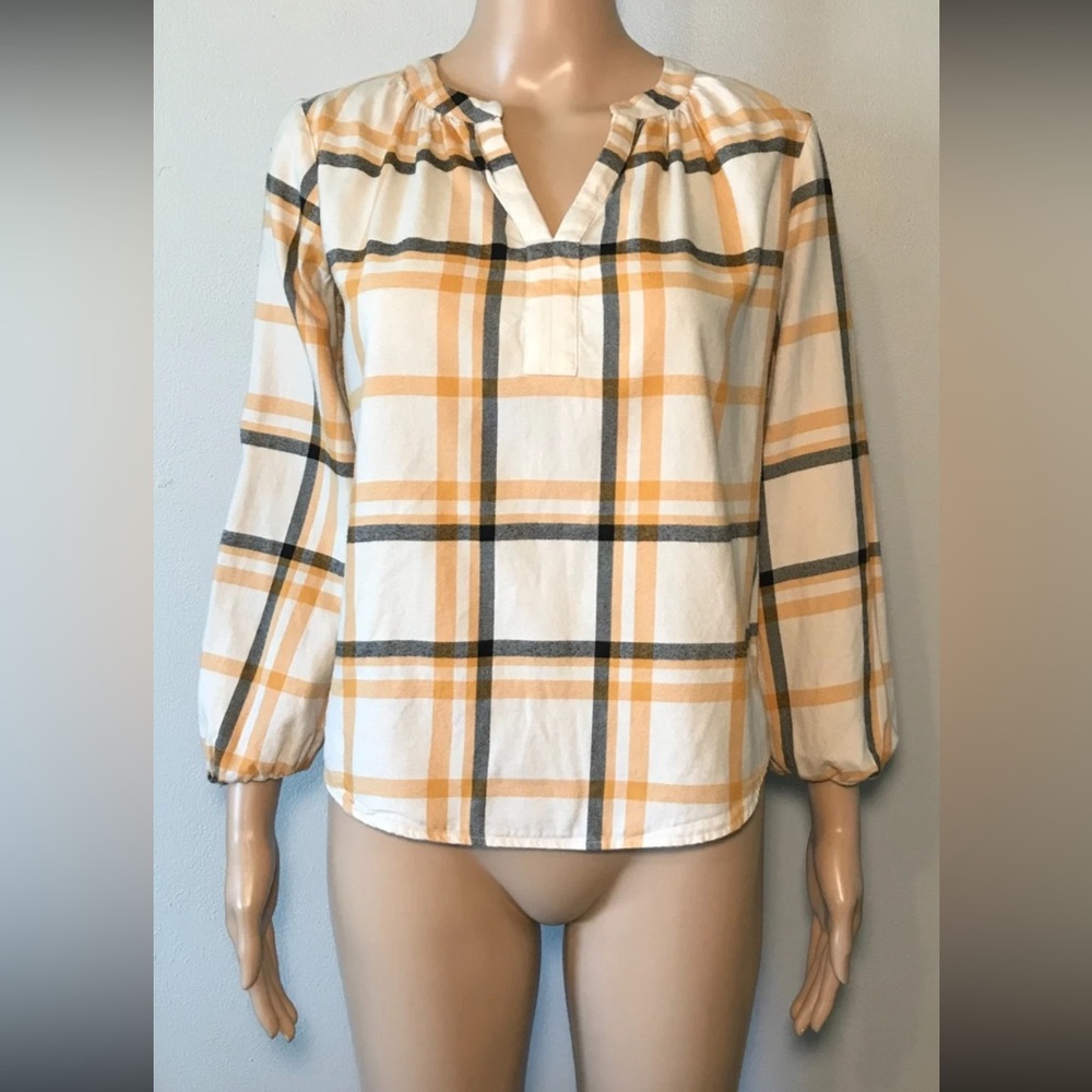 Loft Outlet Women's Blouse Size XXSP Plaid Tunic Style Mock Neck Cotton Blend